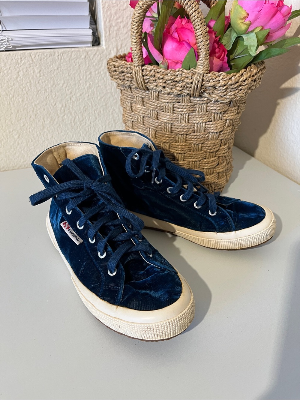 Superga Velvet High-Top Sneakers in Navy Blue